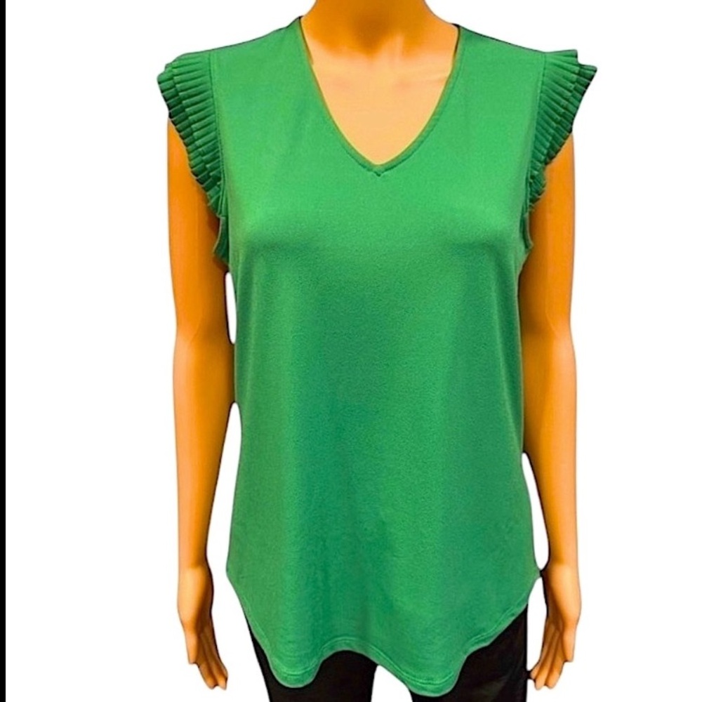 ADRIANNA PAPELL Pleated V Neck Blouse In Vibrant Jellybean Green NWT Small